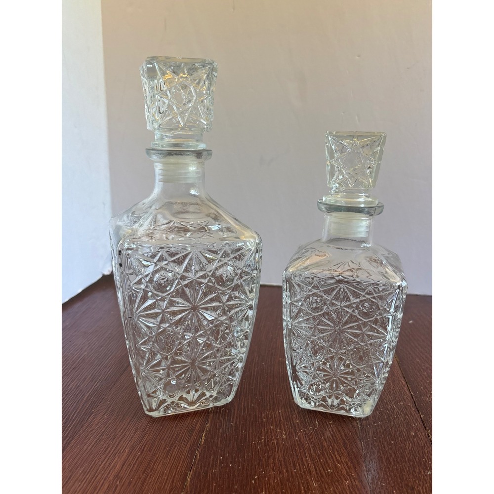 Vintage Pressed Glass Decanter Set of 2 Starburst Diamond Pattern Clear Barware